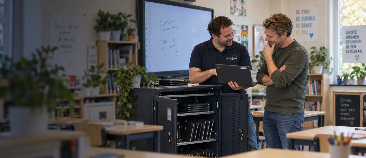 Medewerker van Emjee laat een leerkracht een Chromebook zien bij de laadkar in de klas