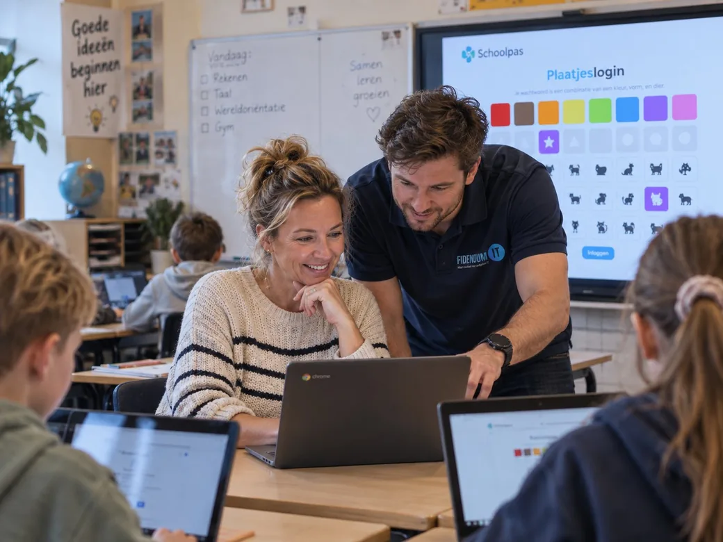 IT-partner van Fidendum helpt een lachende juf op haar Chromebook, op het digibord staat de plaatjeslogin