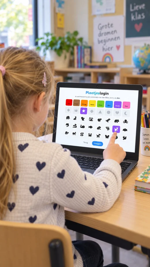 Kind logt in met de plaatjeslogin van Schoolpas en tikt op het kattenplaatje